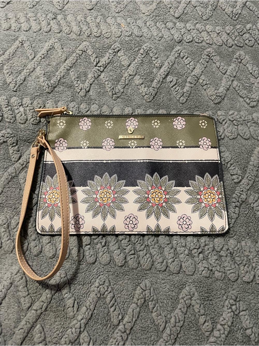 Spartina 449 Olive, Black & Cream Floral Stripe Wristlet Clutch Boho